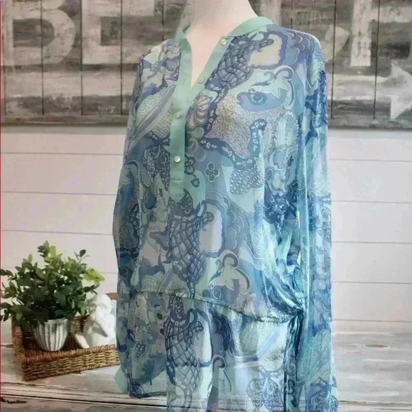 J.McLaughlin Sheer Paisley Tunic Style Top Drawstring Waist Size 8 - Picture 5 of 16